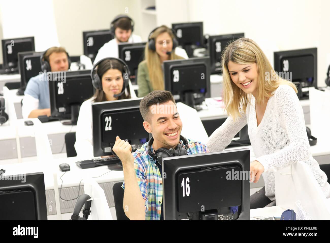 Students in language laboratory, Language training classroom
