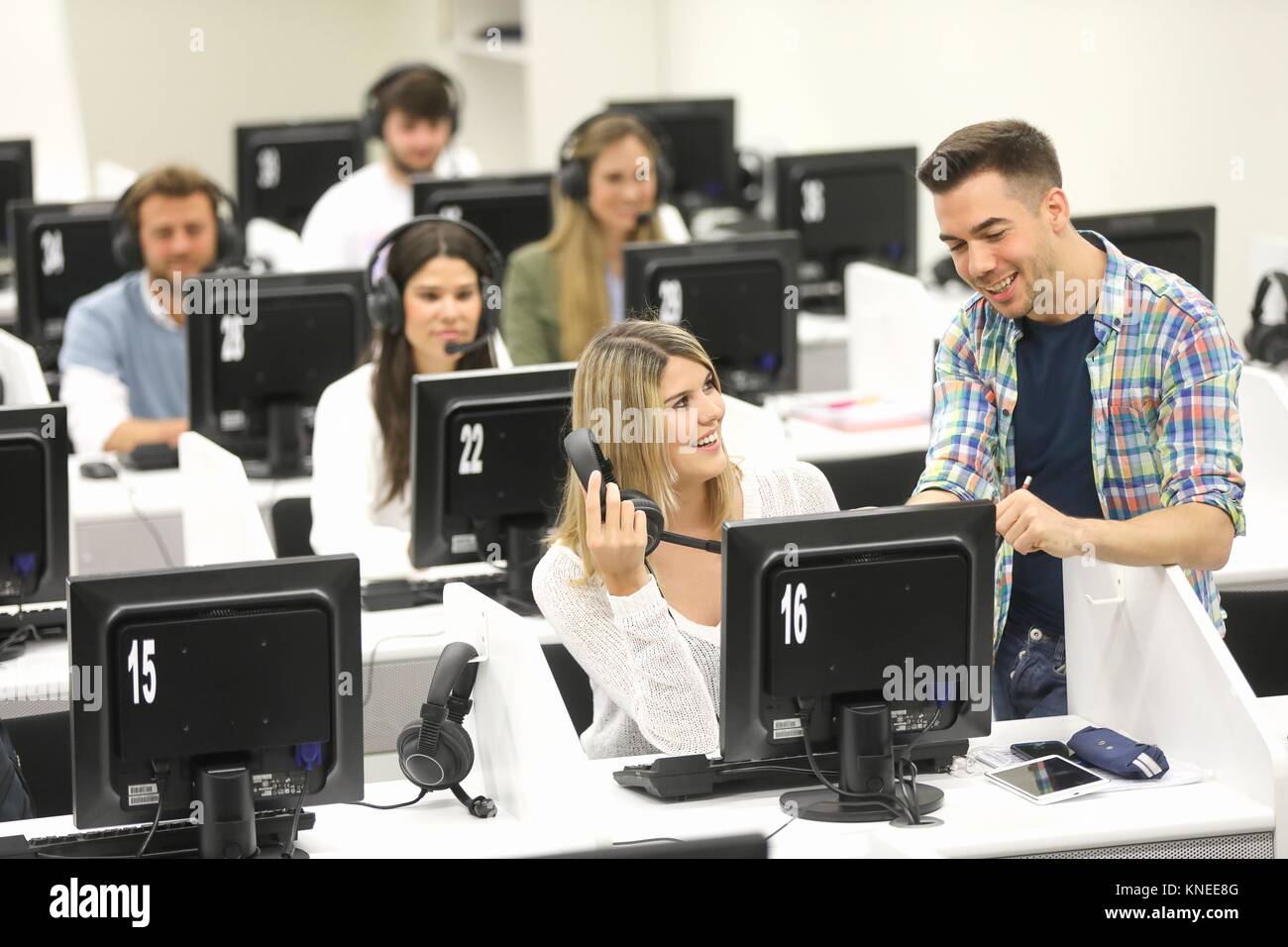 Students in language laboratory, Language training classroom, University of the Basque Country, Donostia, San Sebastian, Gipuzkoa, Spain Stock Photo