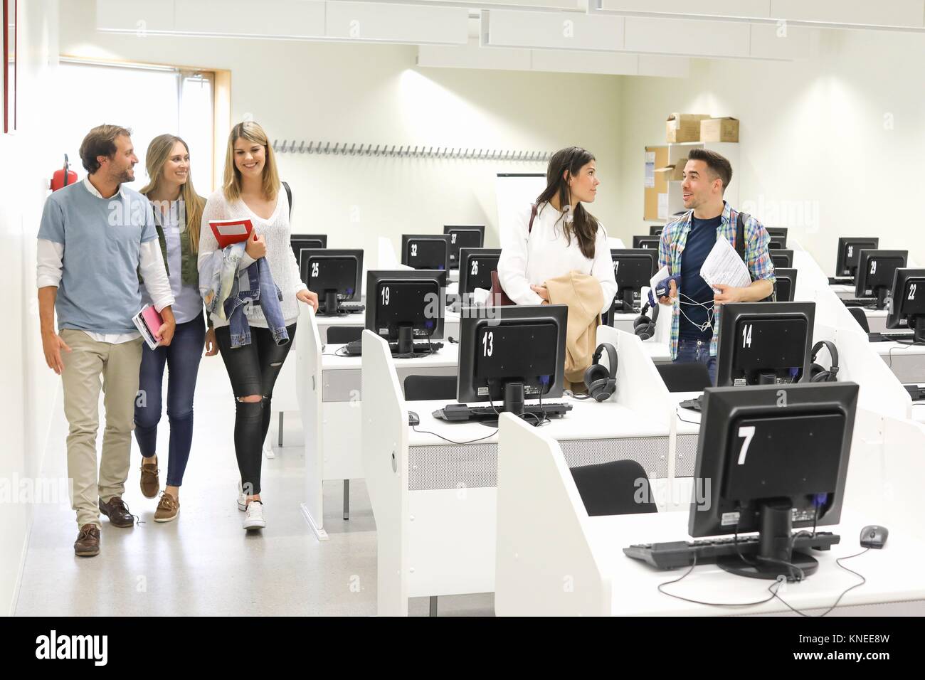 Students in language laboratory, Language training classroom