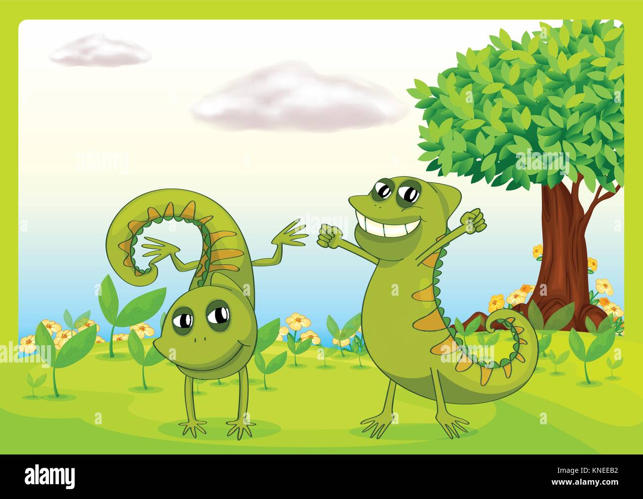 Illustration of chameleons in a beautiful nature Stock Vector