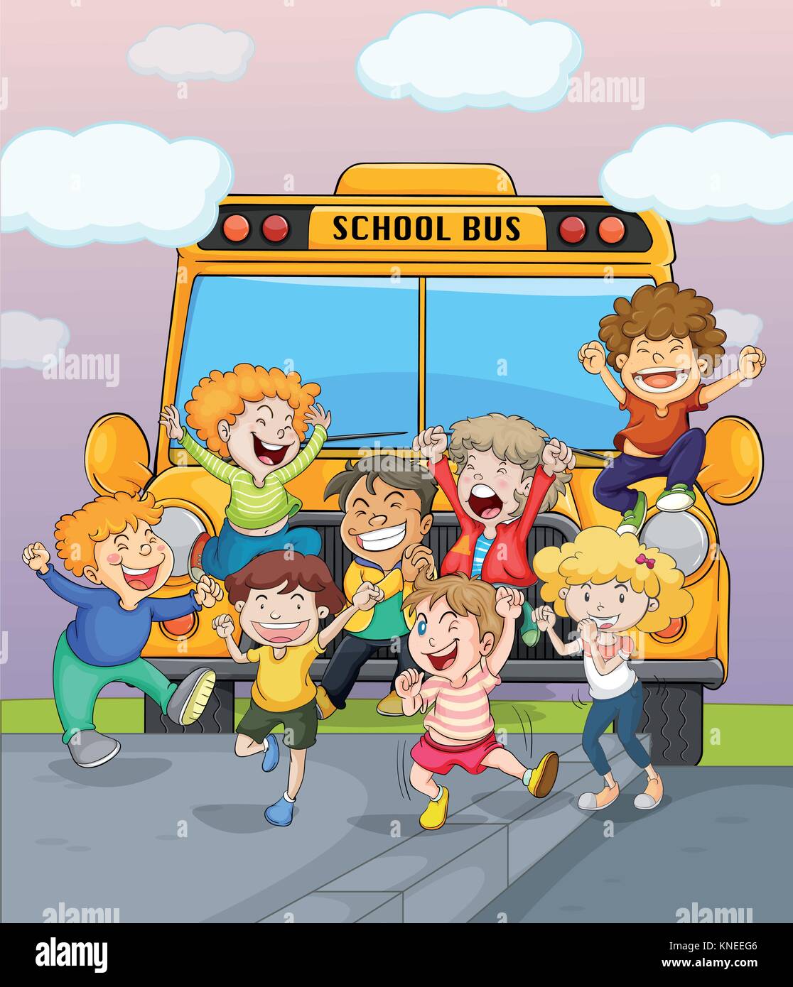 Illustration of happy children jumping for joy near a school bus Stock