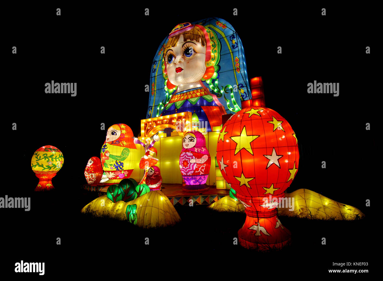 Russian doll lanterns illuminated at Chinese Lantern Festival Stock Photo
