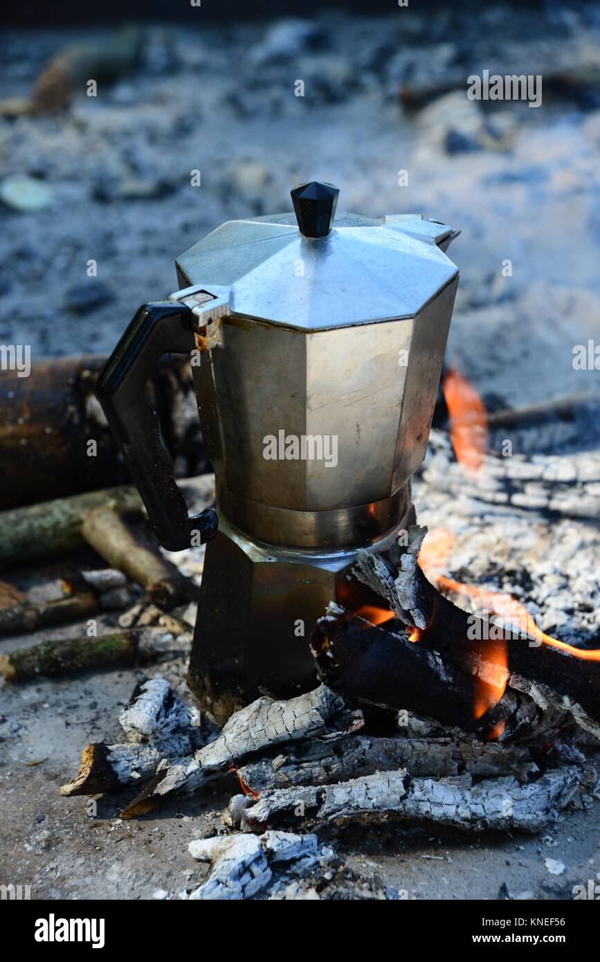 Espresso coffee maker on a campfire Stock Photo