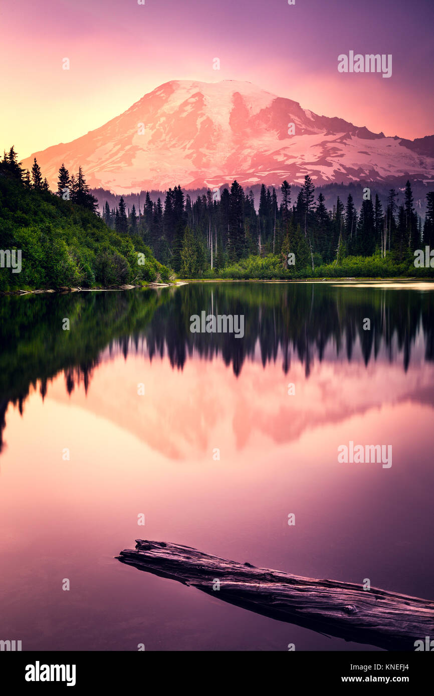Mountain reflection in Bench Lake, Mt Rainier National Park, Washington, United States Stock Photo