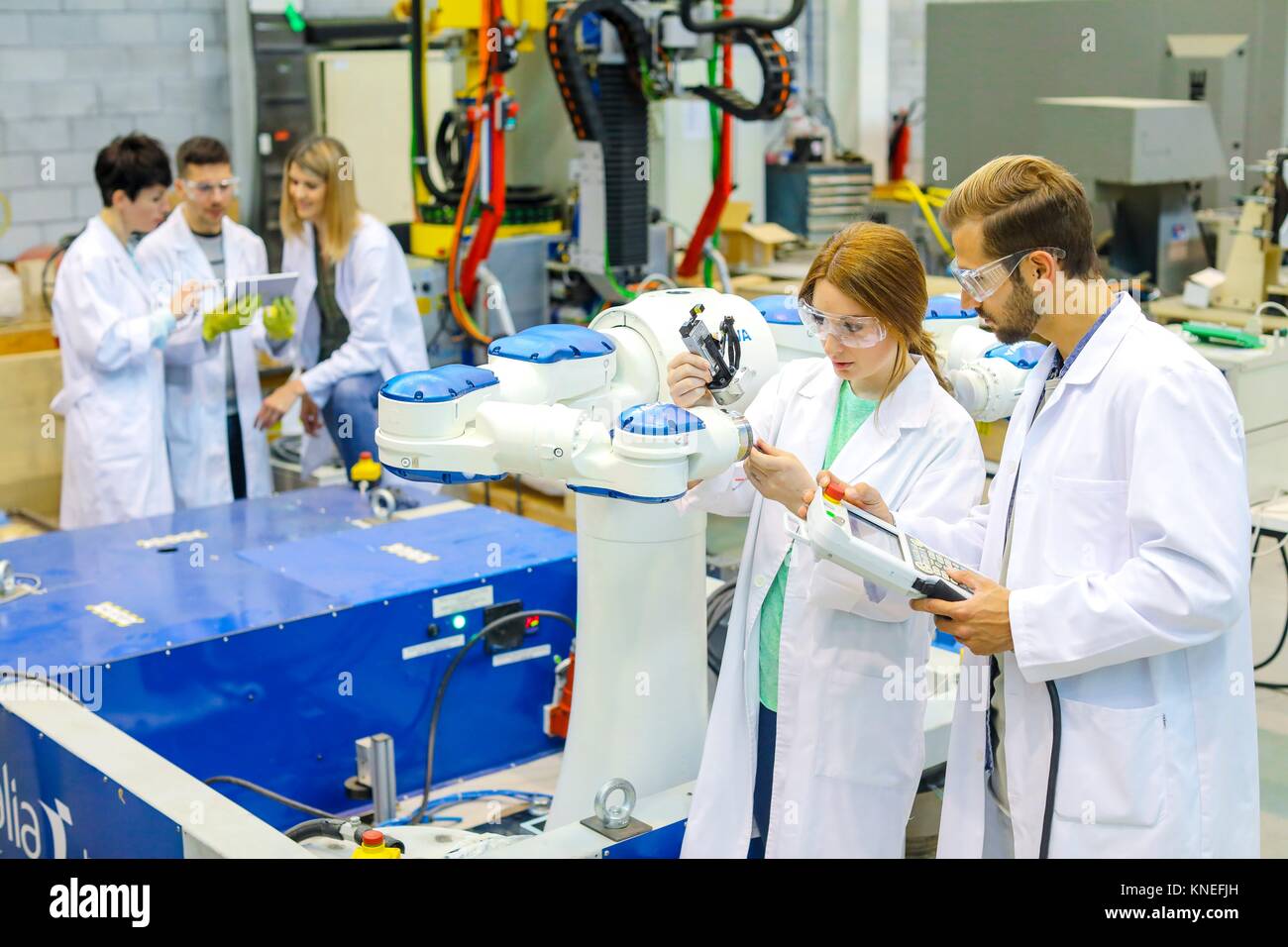 Two-arm robot for industrial handling. Researchers working on robot, Industry, Research and Technology Center, Tecnalia Research & Innovation, Stock Photo