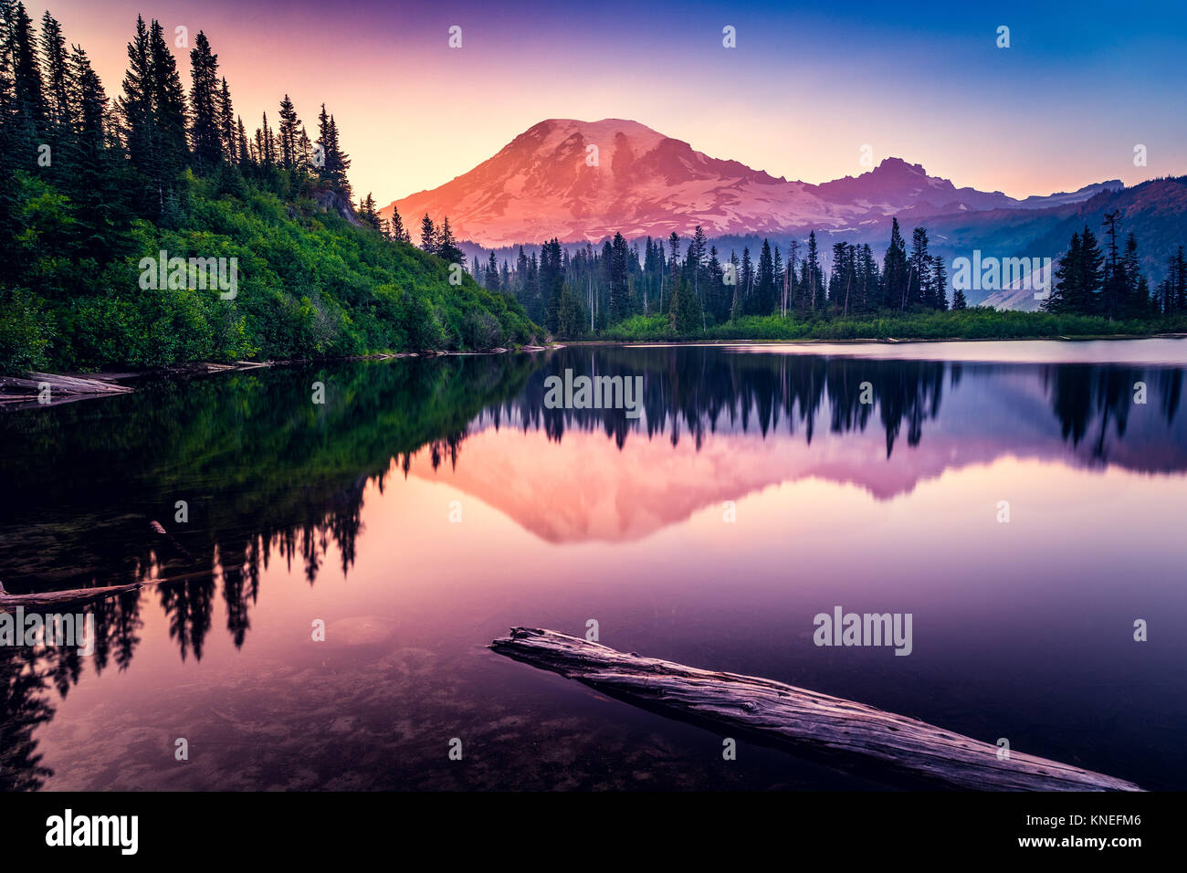 Mountain reflection in Bench Lake, Mt Rainier National Park, Washington, United States Stock Photo