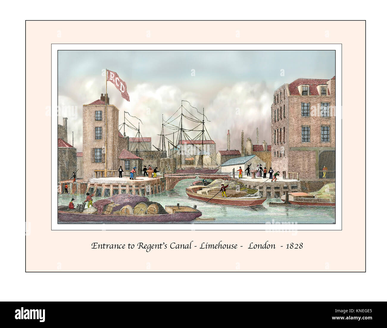 Regents Canal Limehouse Entrance Original Design based on a 19th century Engraving Stock Photo