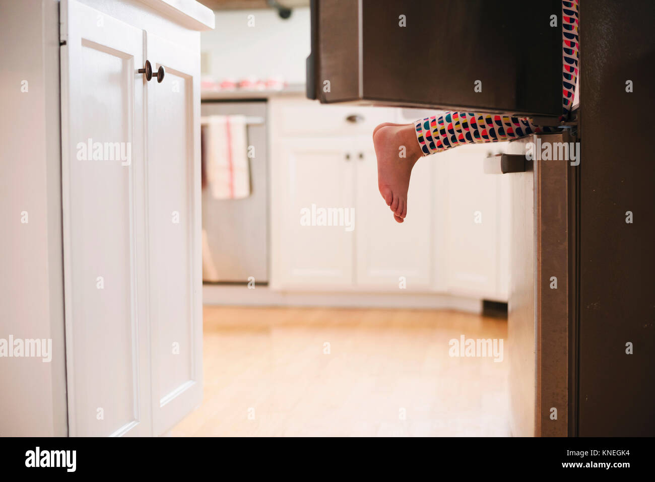Young girl climbing into a refrigerator Stock Photo