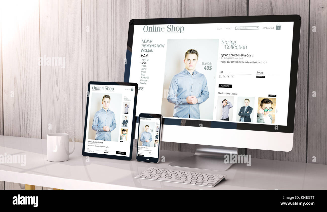Digital generated devices on desktop, responsive online shop on screen ...