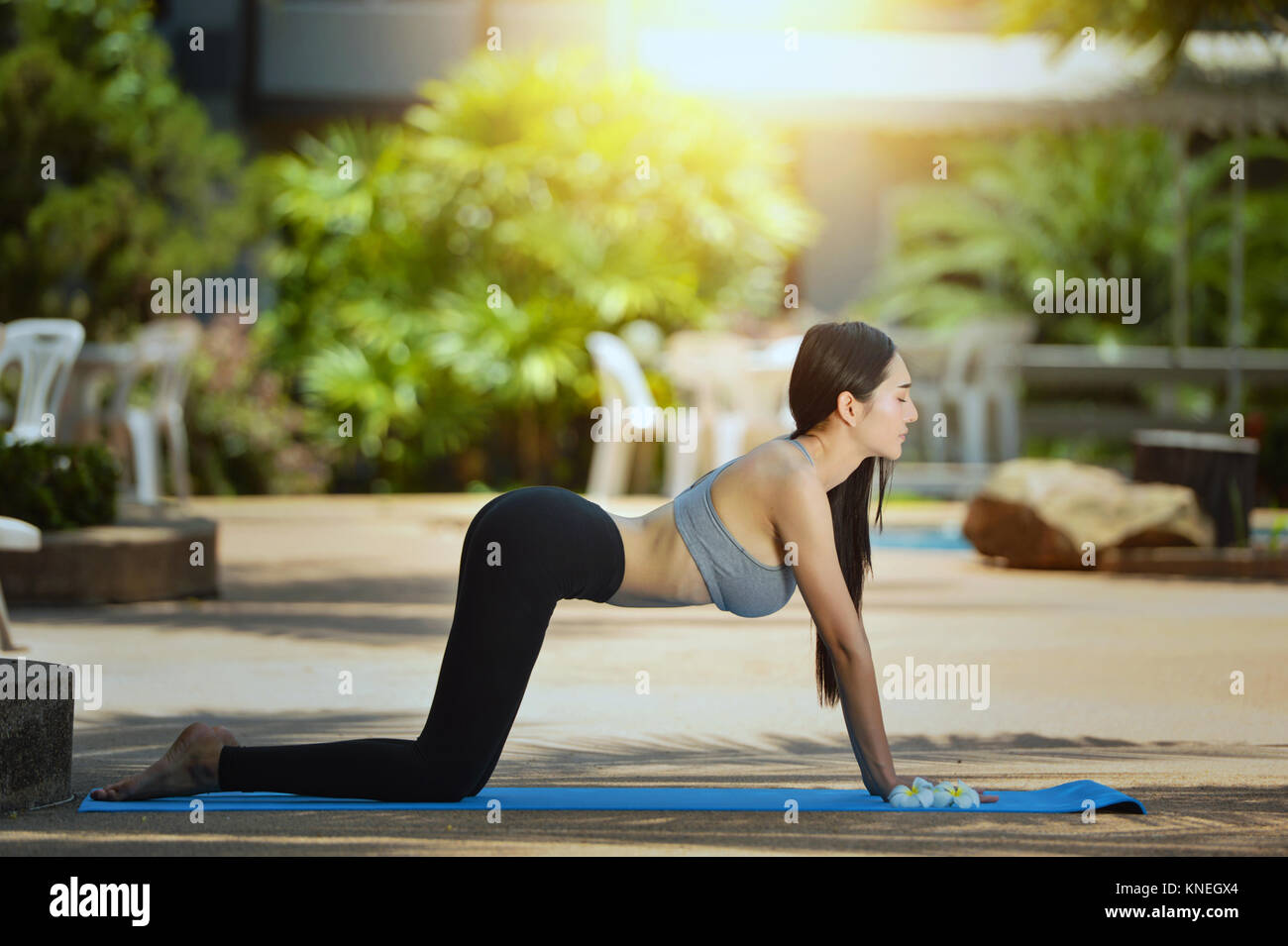 Woman doing yoga in the park Stock Photo