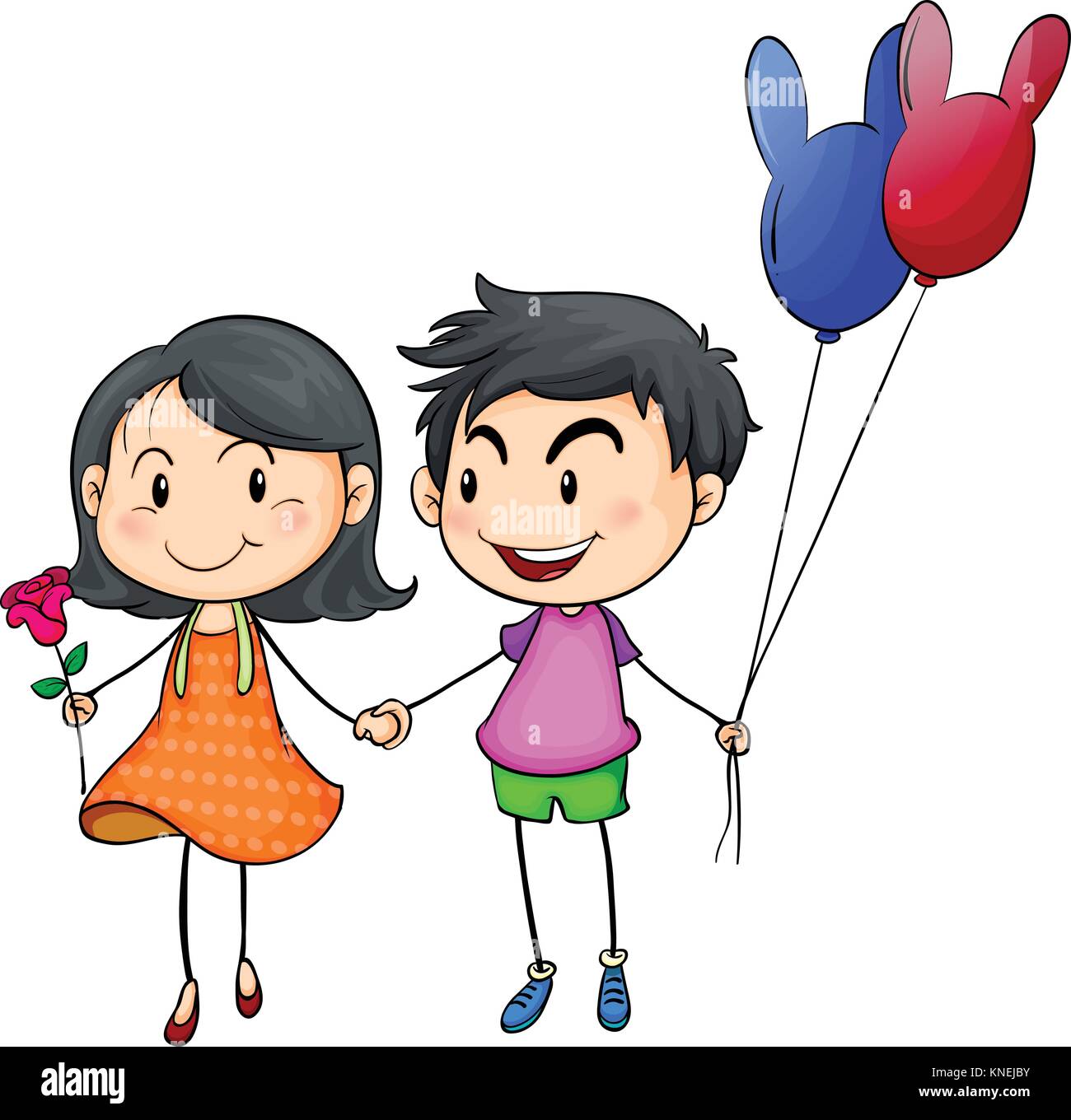 Illustration of a boy and a girl holding hands on a white background Stock Vector