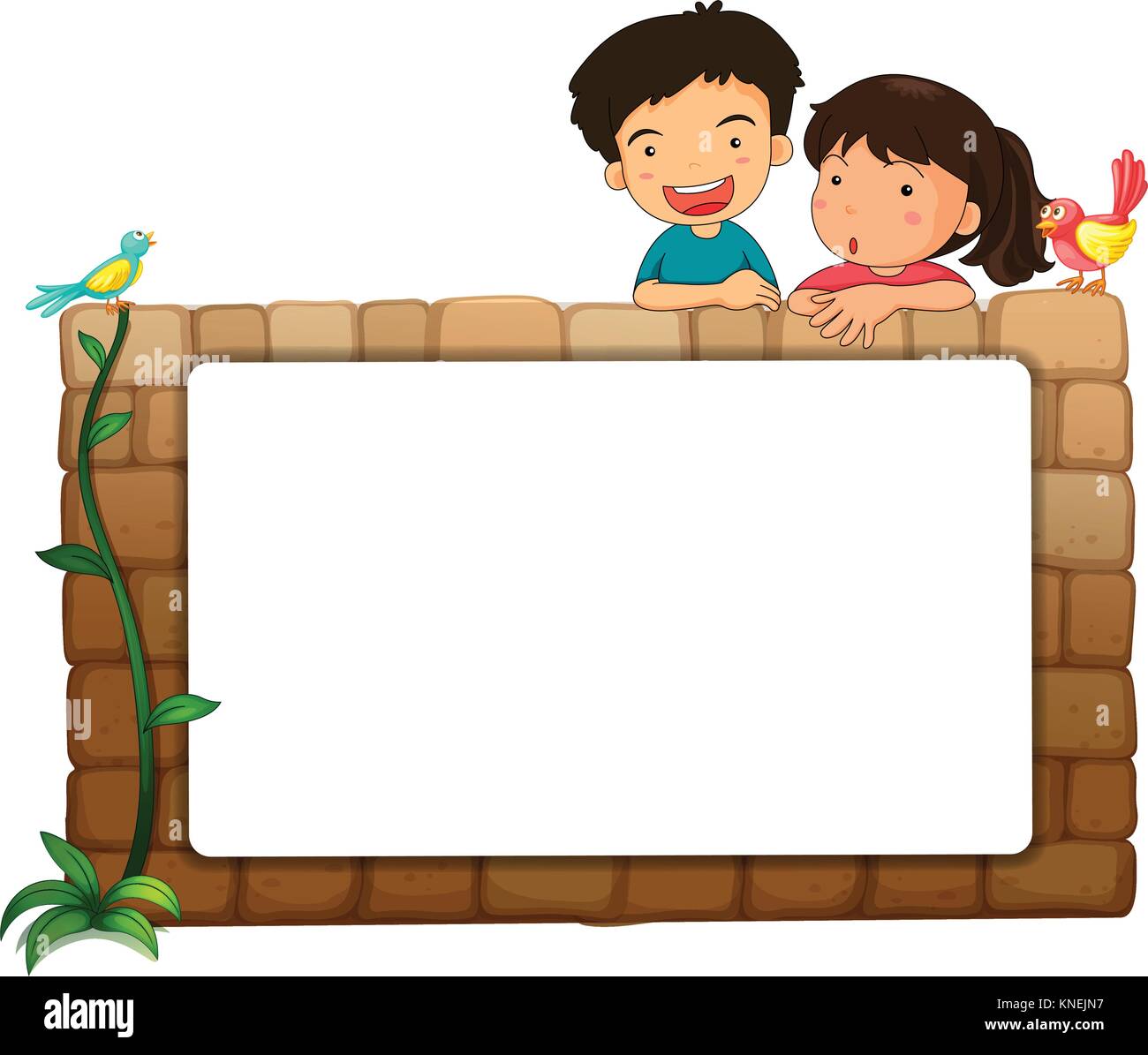 Illustration of a white board, kids and birds on a white background ...