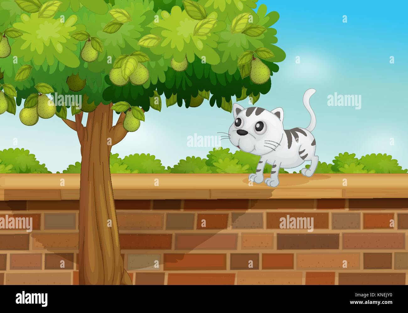 Illustration of a cat on a wall in a beautiful nature Stock Vector ...