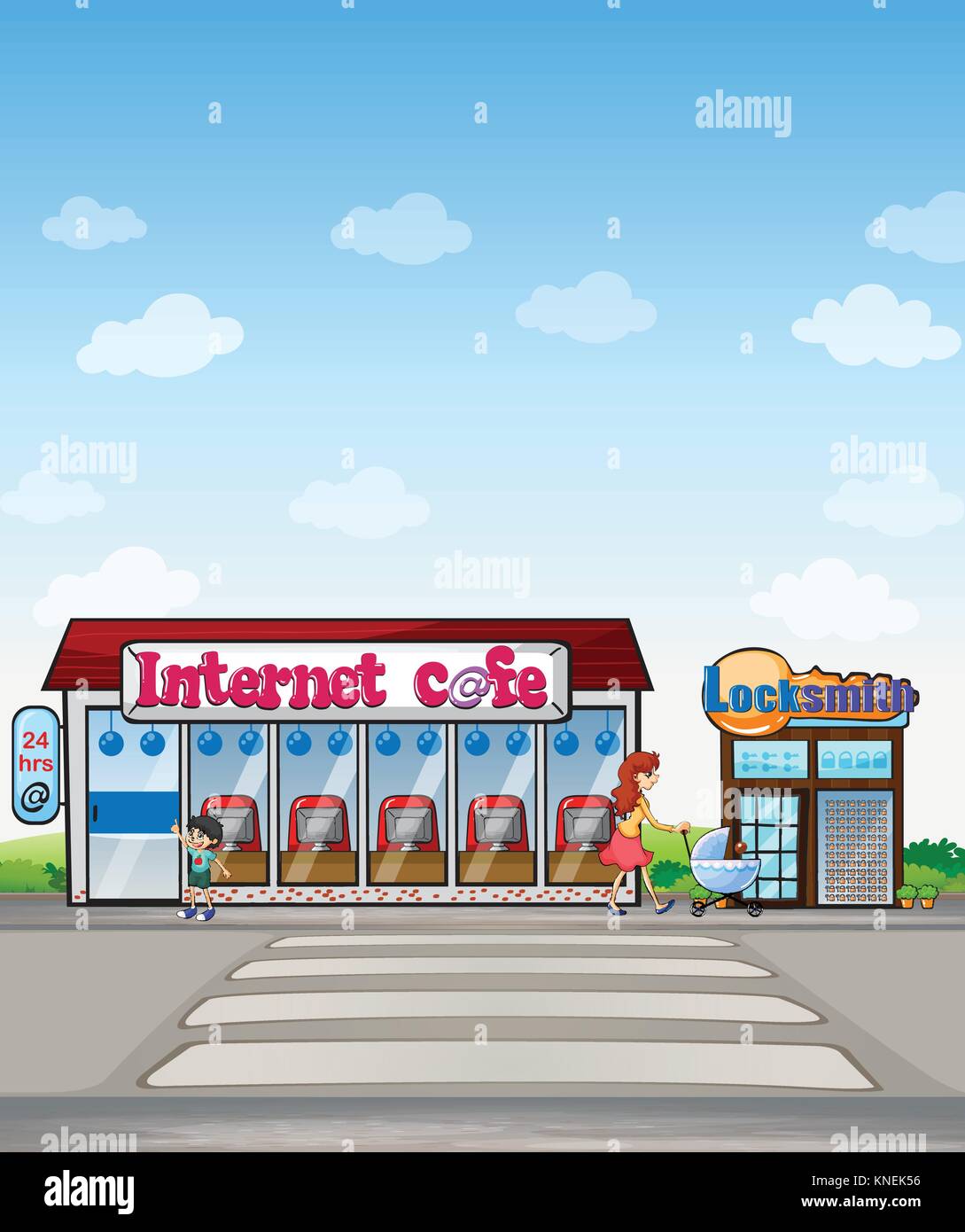 Illustration of an cafe and a locksmith shop located near the