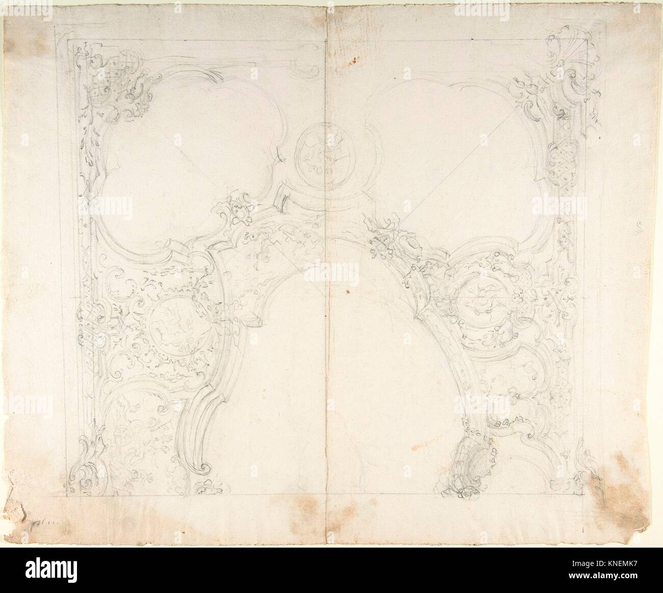 Design for One Half of a Ceiling with Medaillons with Figure Sketches Inside (recto); Design for an Interior Wall Elevation (verso). Artist: Workshop Stock Photo