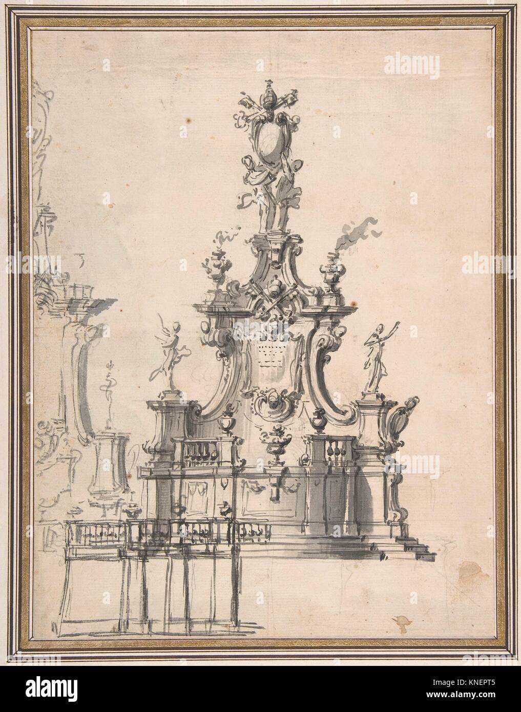 Design for a Catafalque or a Tomb Monument. Artist: Anonymous, Italian, 18th century; Date: 18th century; Medium: Wash over black chalk; Dimensions: Stock Photo