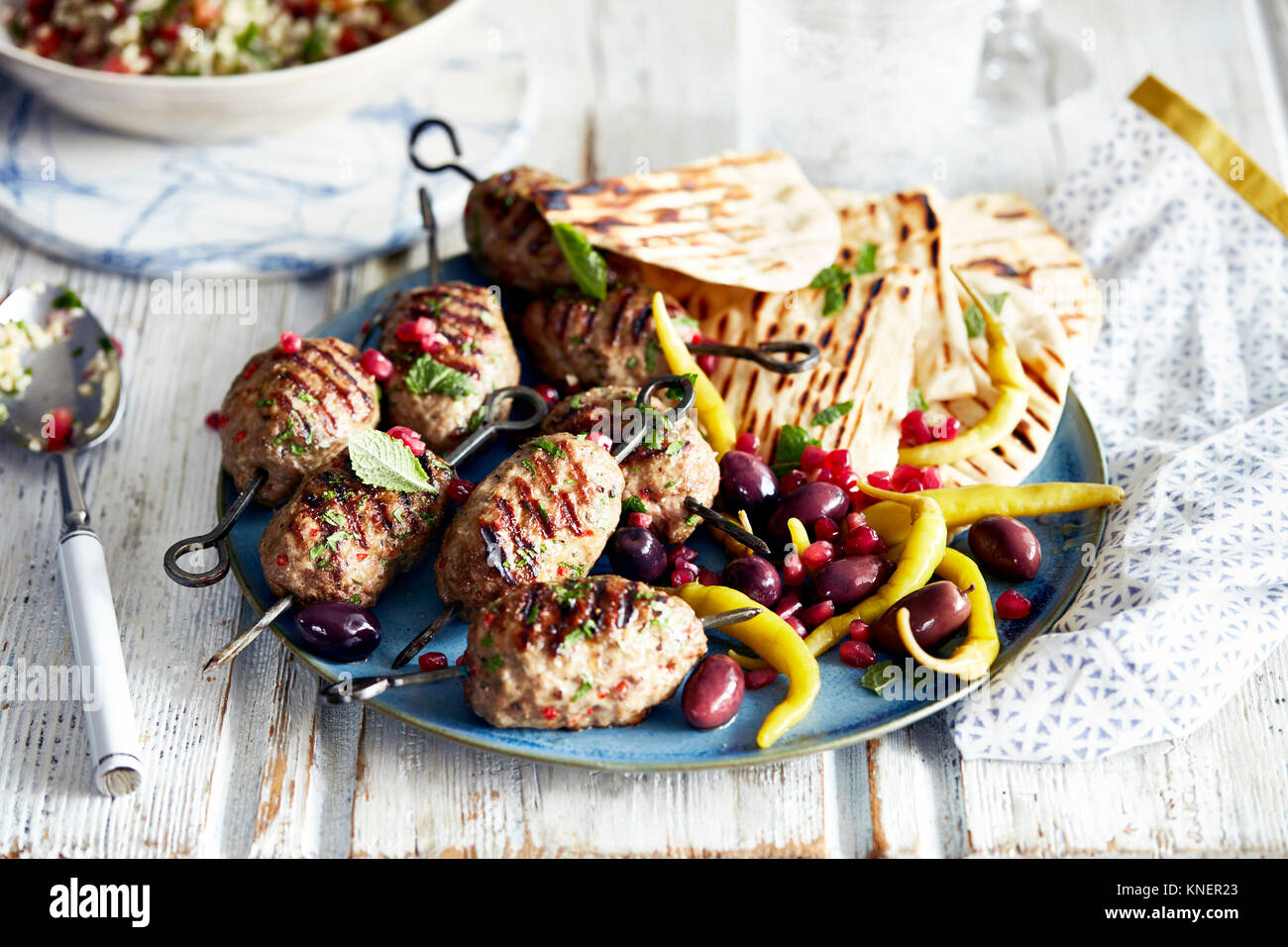 Lamb kofta and flat bread on plate, closeup Stock Photo Alamy