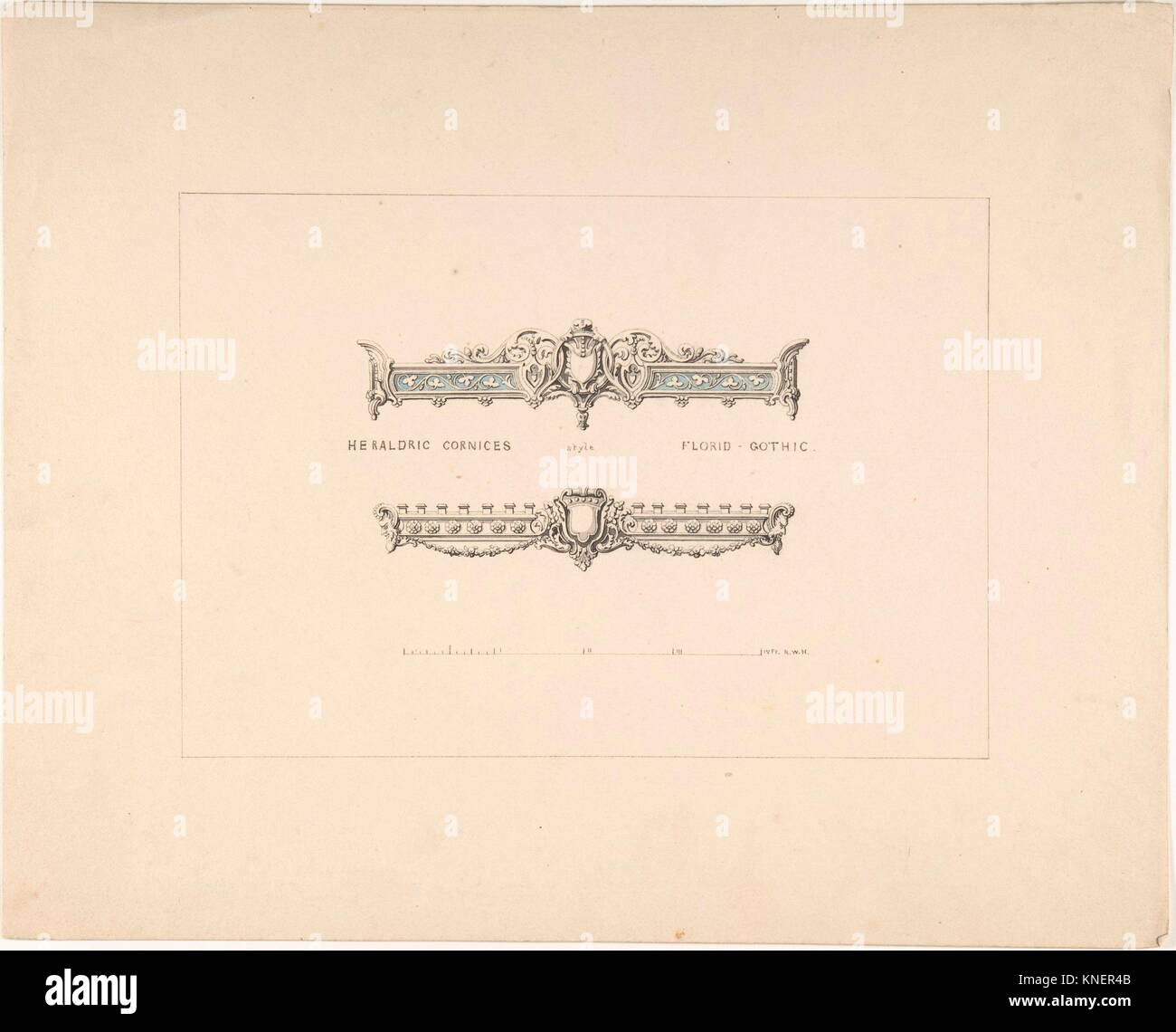 Designs for Two Heraldic Cornices, Florid Gothic Style. Artist: Robert William Hume (British, London 1816-1904 Long Island City); Date: 1830-1900; Stock Photo