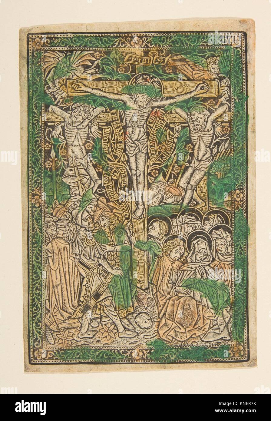 The Crucifixion. Artist: Anonymous, German, South Germany, 15th century; Date: ca. 1475-1500; Medium: Metalcut, hand-colored in green and red; Stock Photo