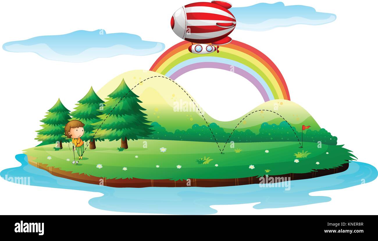 Illustration of a boy playing golf and a blimp in the sky Stock Vector