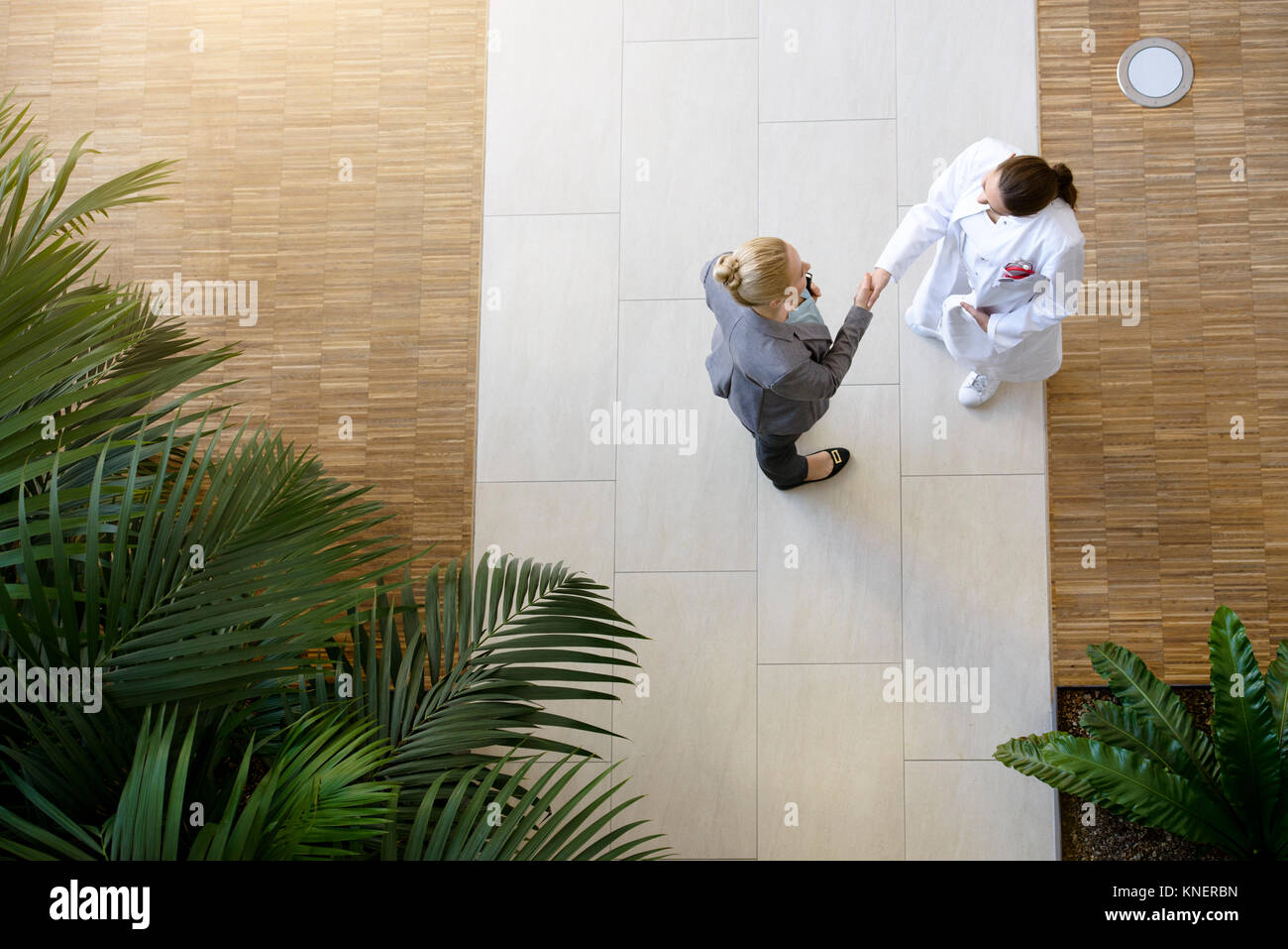 Female doctor and young woman, shaking hands, elevated view Stock Photo
