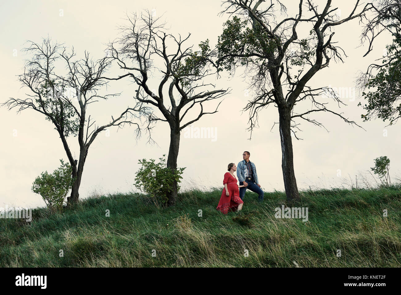 Pregnant couple hand in hand on hillside Stock Photo
