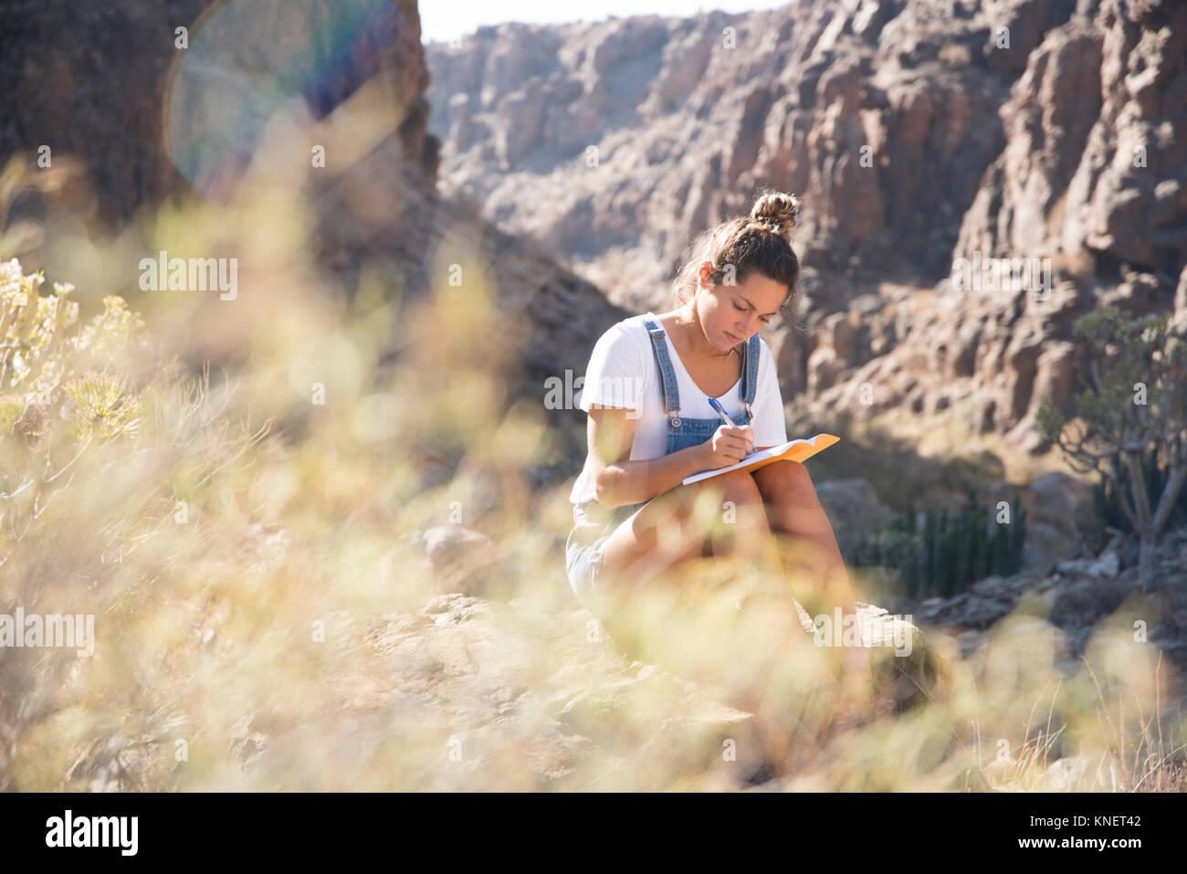 Young female hiker writing notes in valley, Las Palmas, Canary Islands, Spain Stock Photo