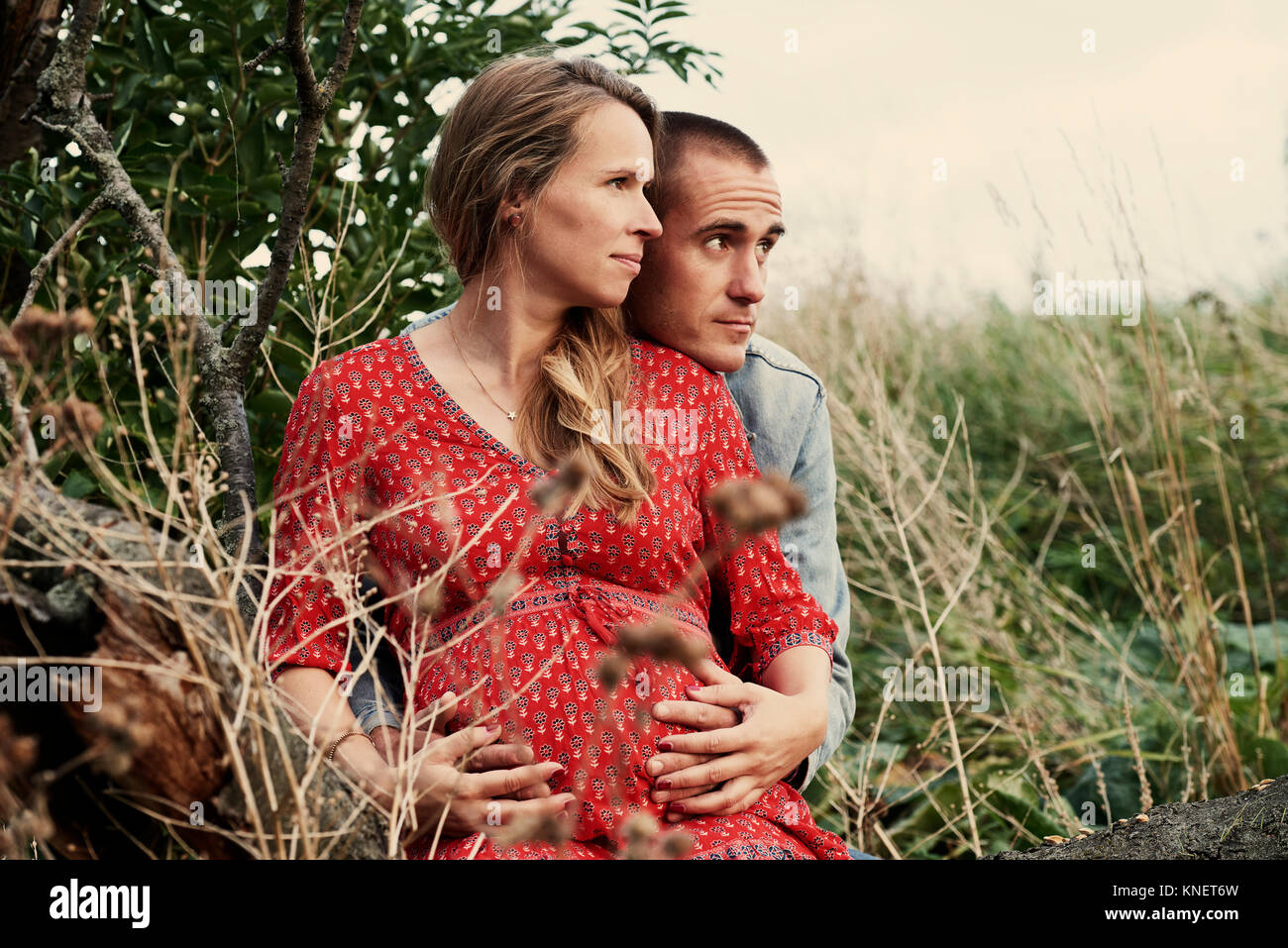 Romantic mid adult pregnant couple sitting on tree trunk Stock Photo