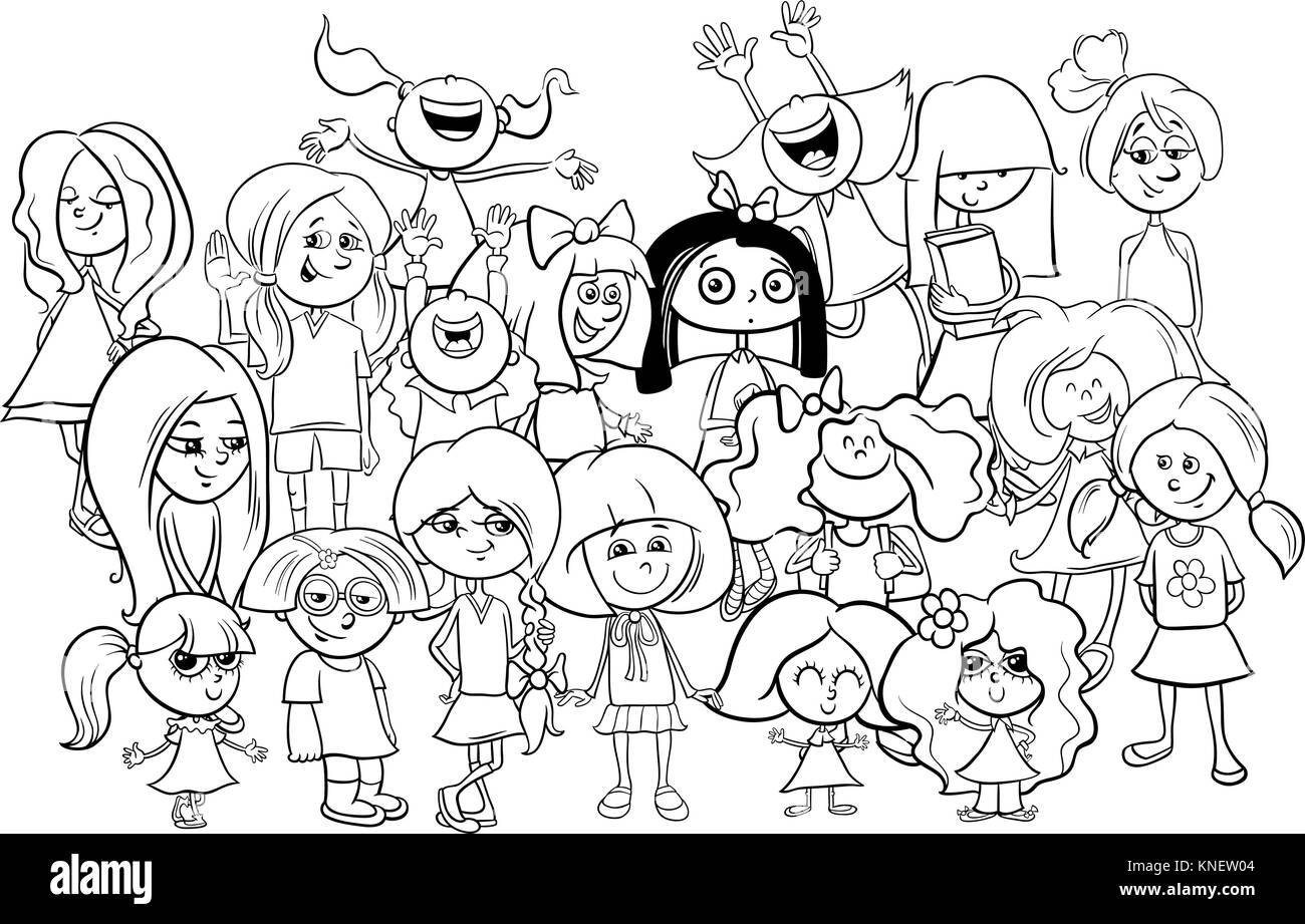 Black and White Cartoon Illustration of Elementary School Age Children ...