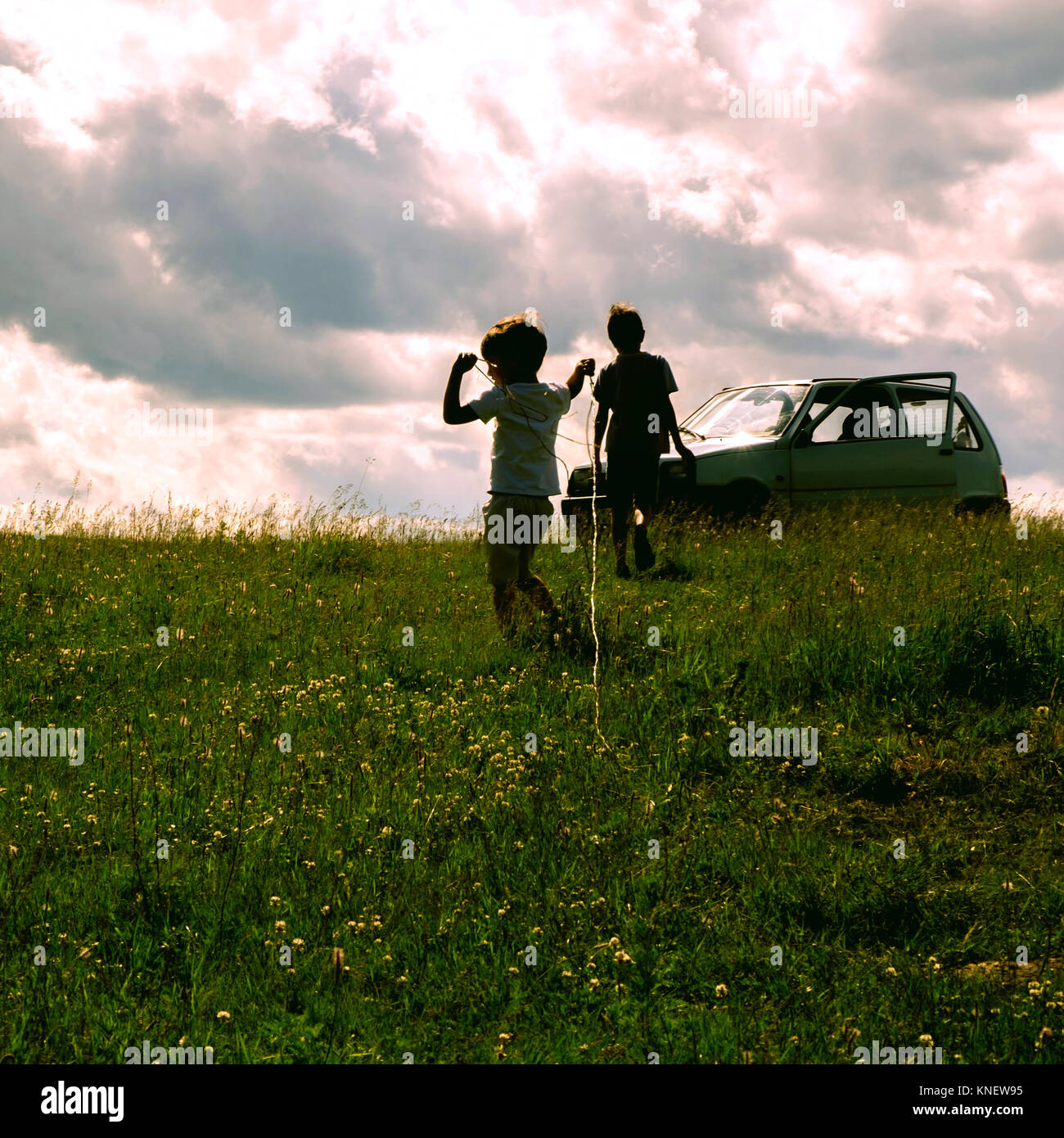 Two boys playing in field near car, Ural, Chelyabinsk, Russia, Europe Stock Photo