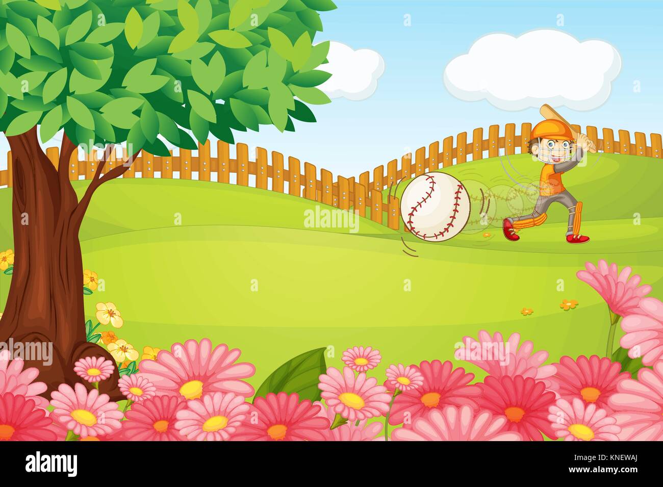 Illustration Of A Boy Playing Cricket In A Beautiful Nature Stock