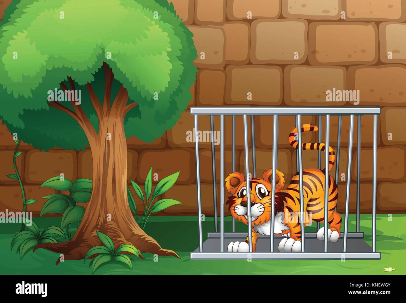 Illustration of a tiger in a cage and brick wall Stock Vector