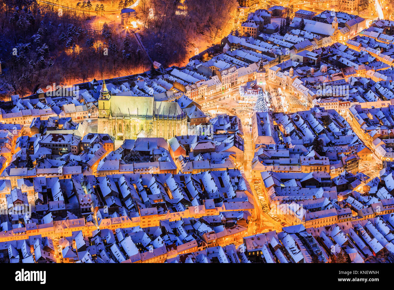 Brasov, Romania. Arial view of the old town during Christmas. Stock Photo