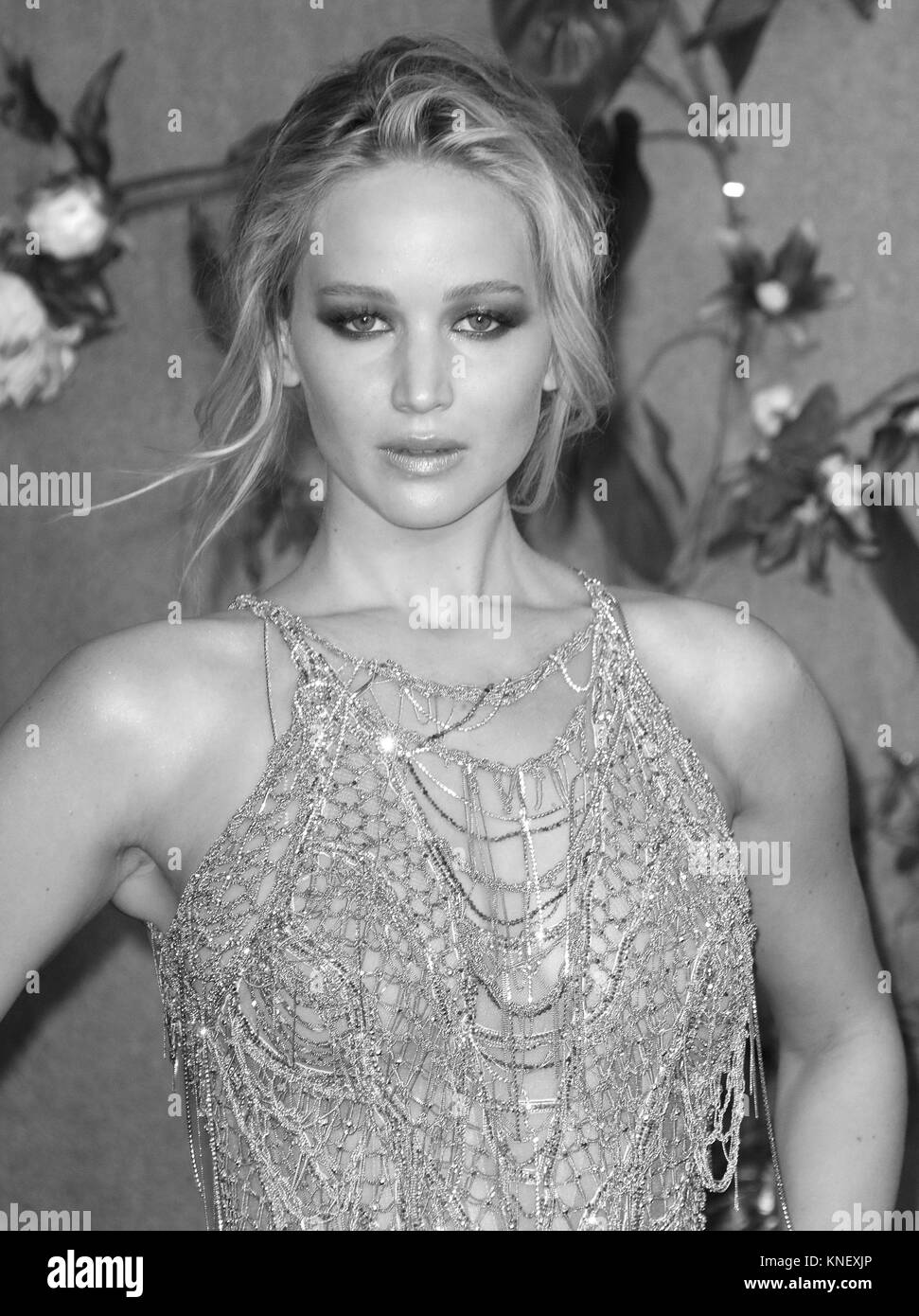 LONDON - SEP 06, 2017: Image digitally altered to monochrome Jennifer Lawrence attends the Mother UK film premiere at Odeon Leicester Square in London Stock Photo