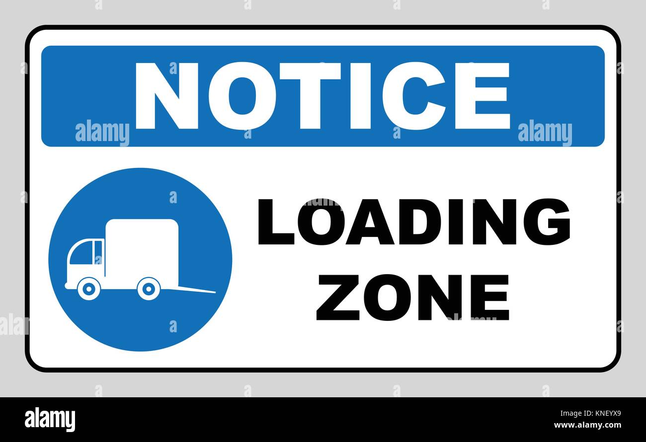 Loading zone sign. Vector illustration isolated on white. Blue mandatory symbol with white pictogram and black text. Notice informational banner. Stock Vector