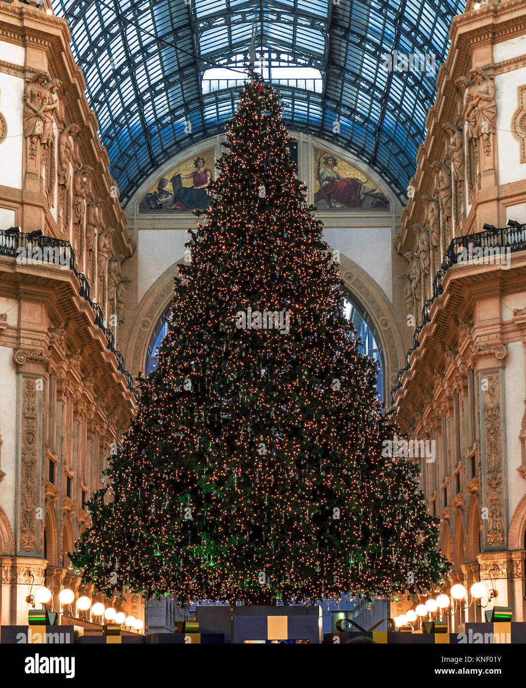 christmas tree illuminated on Vittorio Emanuele Gallery. Milan,Italy Stock Photo