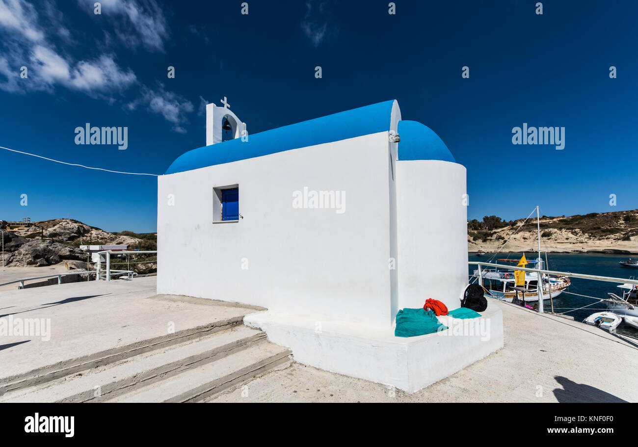 Greek chapel Kolymbia bay, Rhodes island. Stock Photo