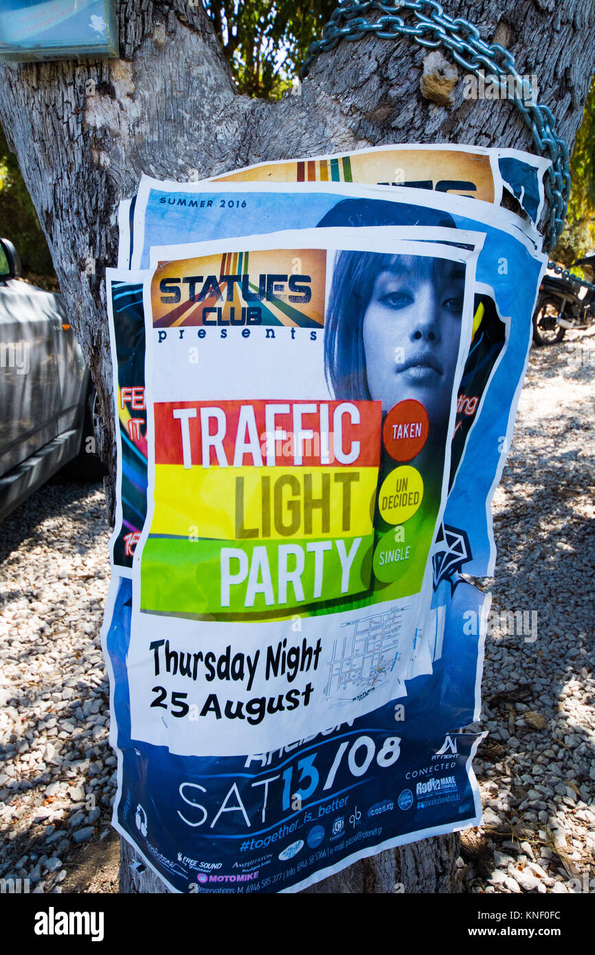 Posters advertising a traffic light themed party at a nightclub in Kolymbia, Rhodes. Stock Photo