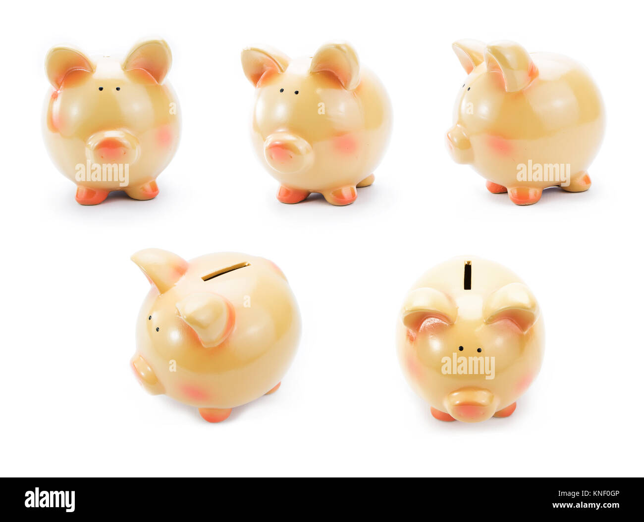 Five piggy banks in various positions isolated on white Stock Photo Alamy
