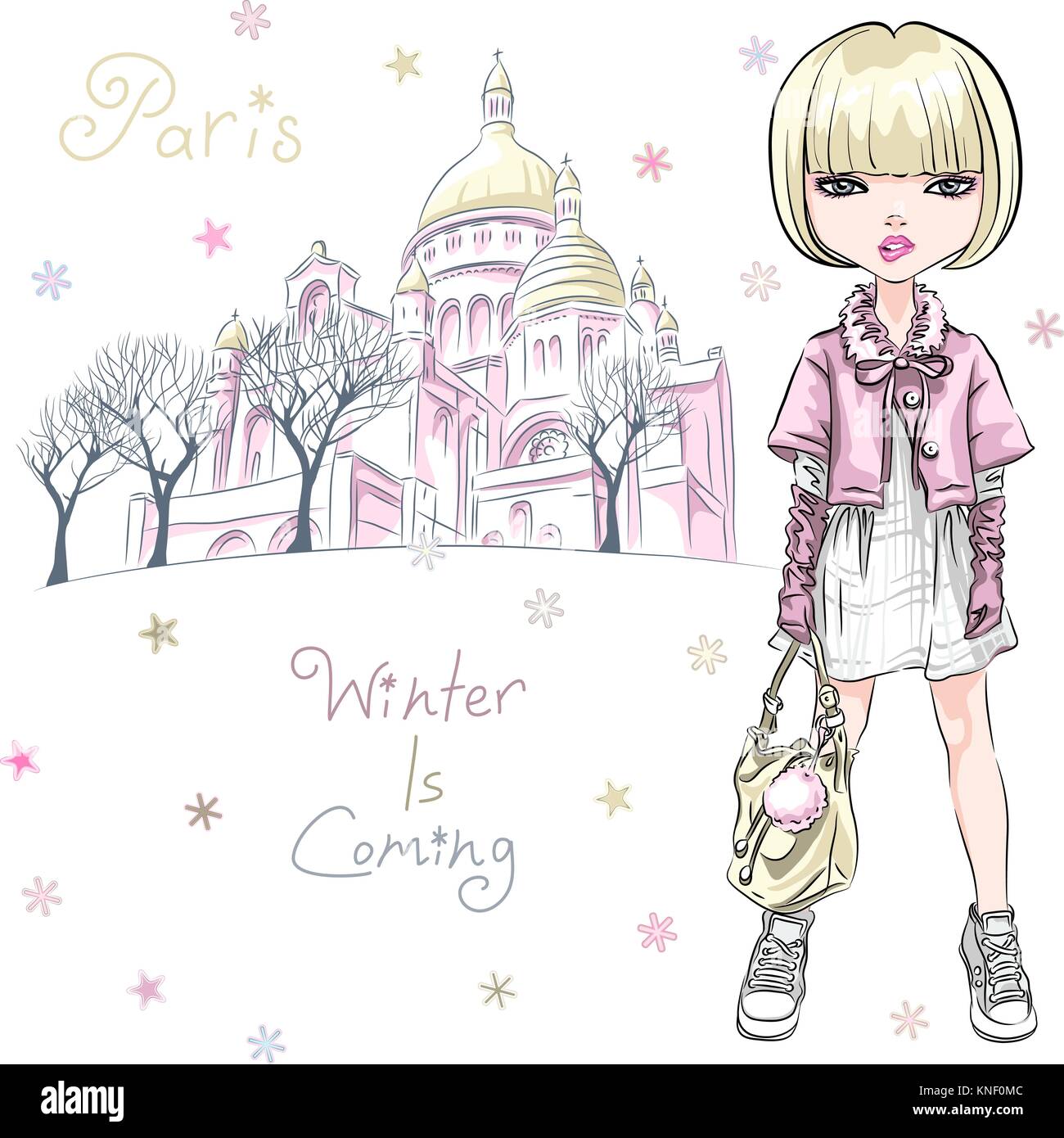 Vector Fashion Girl In Winter Clothes In Paris Stock Vector Image Art Alamy