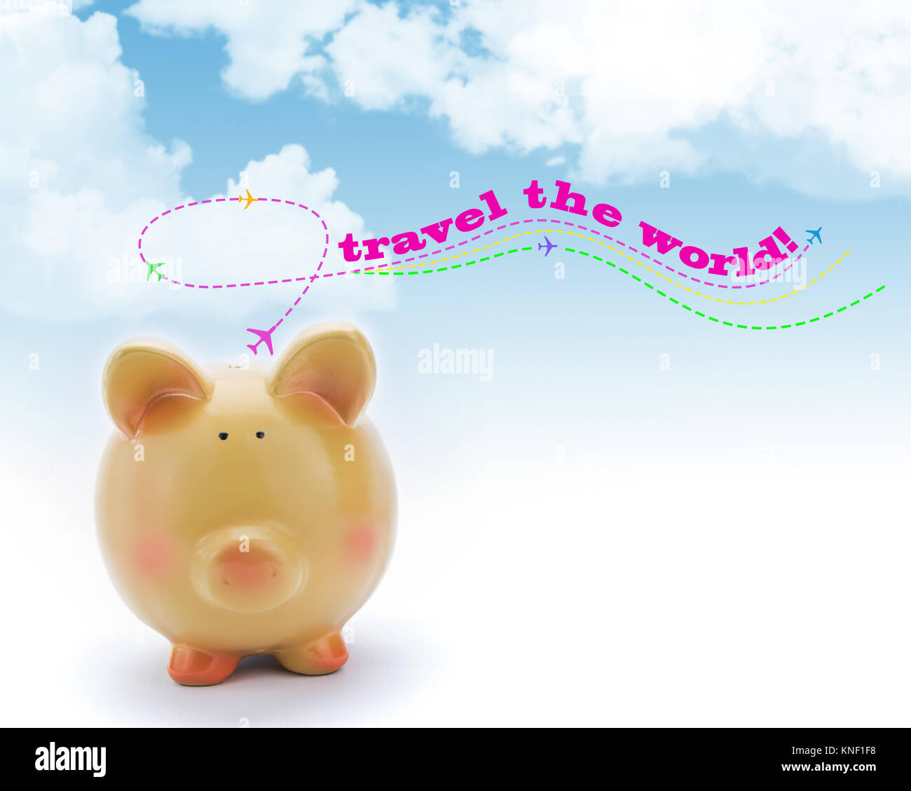Piggy bank with blue sky and airplanes, copyspace Stock Photo Alamy