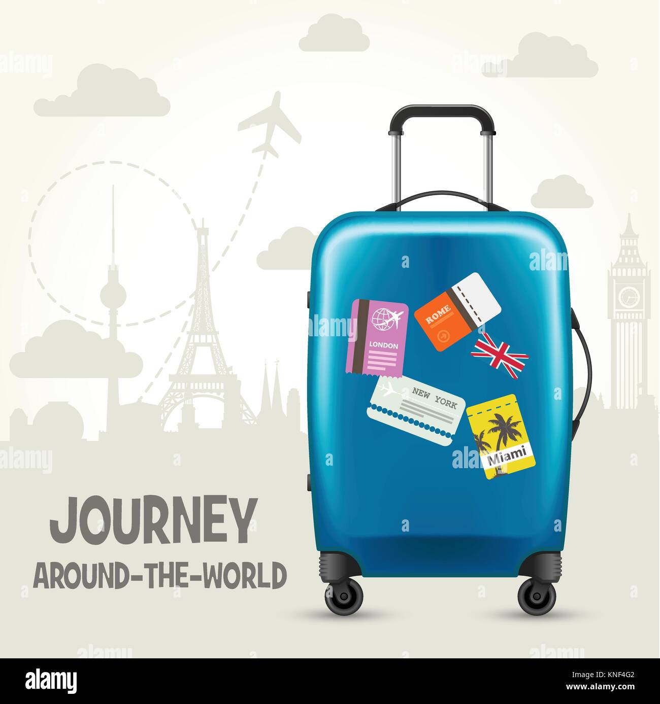 Modern blue plastic wheeled suitcase and european landmarks - tourism poster Stock Vector