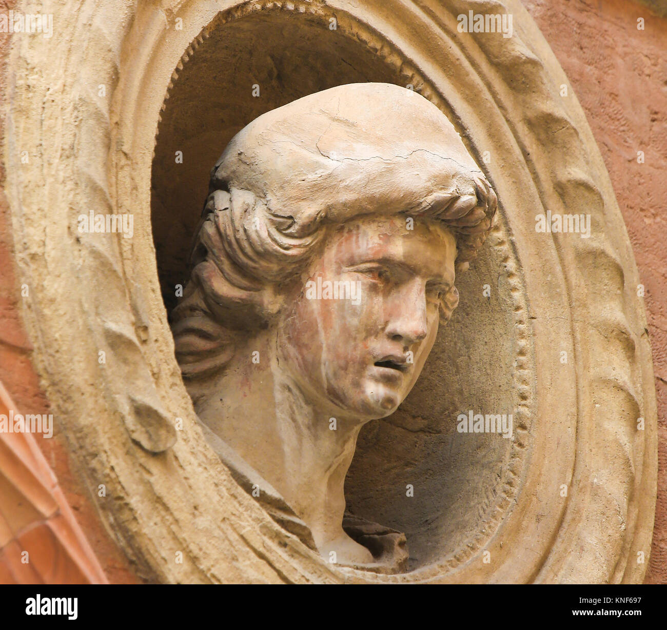 Bust at the Palazzo Bolognini Amorini Salina, a Renaissance architecture palace located on Piazza Santo Stefano in Bologna, Italy. Stock Photo