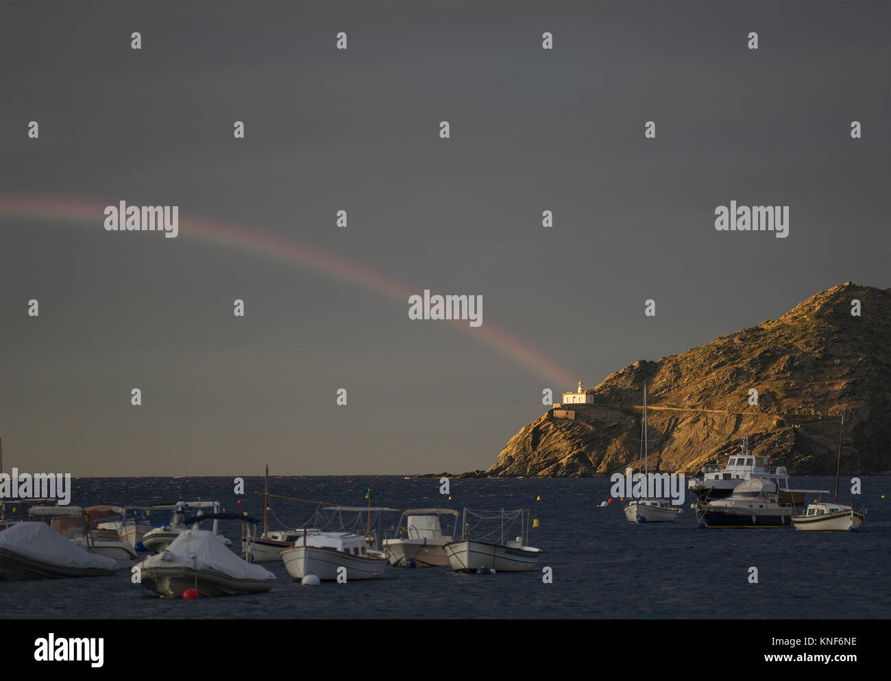 Rainbow over the sea, Costa Brava, Spain Stock Photo