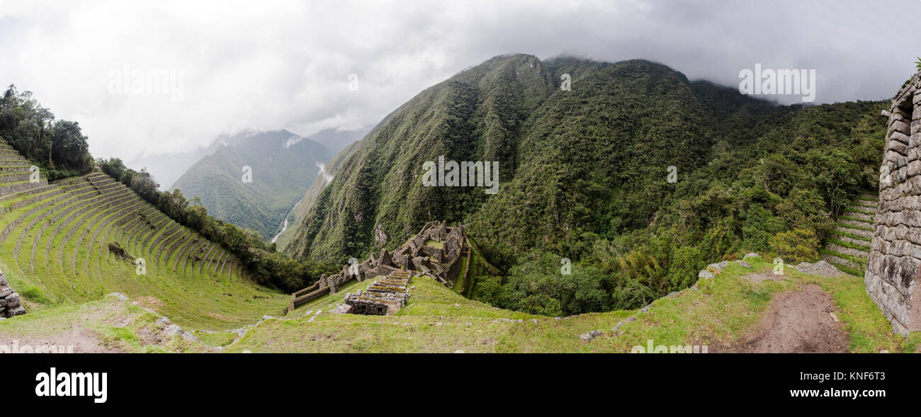 Panoramic Inca Train Panoramic image of ruins on Inca trail, Machu Picchu, Cusco, Peru ...