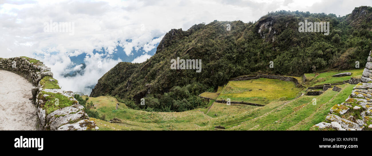 Panoramic Inca Train Panoramic image of ruins on Inca trail, Machu Picchu, Cusco, Peru ...