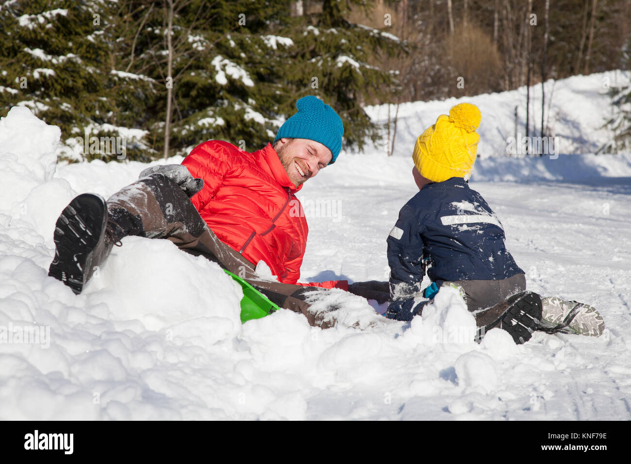 Man and son laughing after falling from toboggan in snow covered landscape Stock Photo