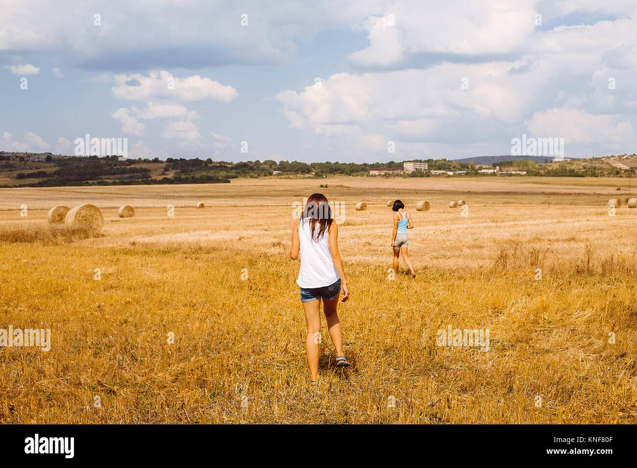 Rear view of women walking in wheat field Stock Photo