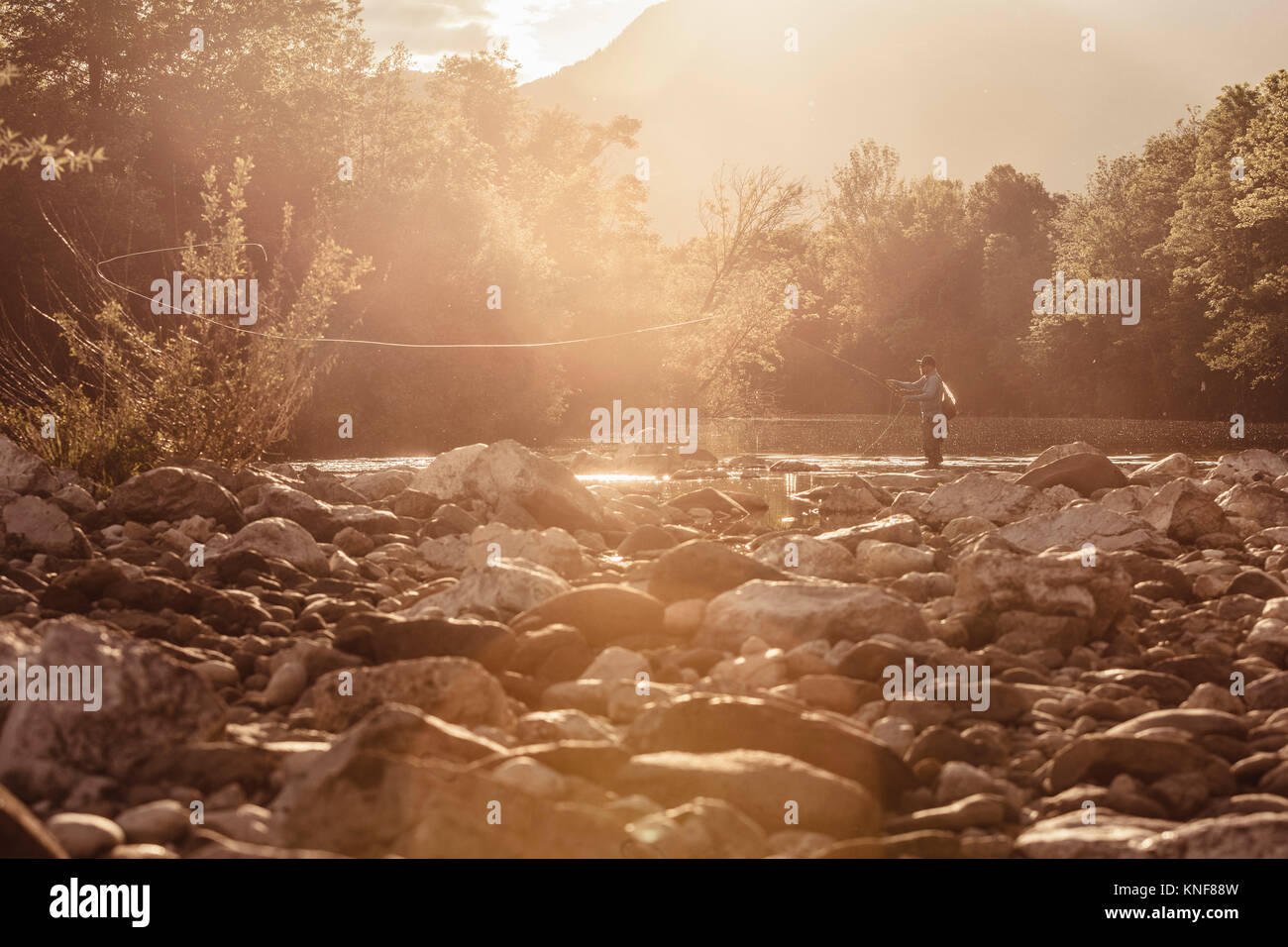 Fisherman casting fishing line in sunlit river, Mozirje, Brezovica, Slovenia Stock Photo