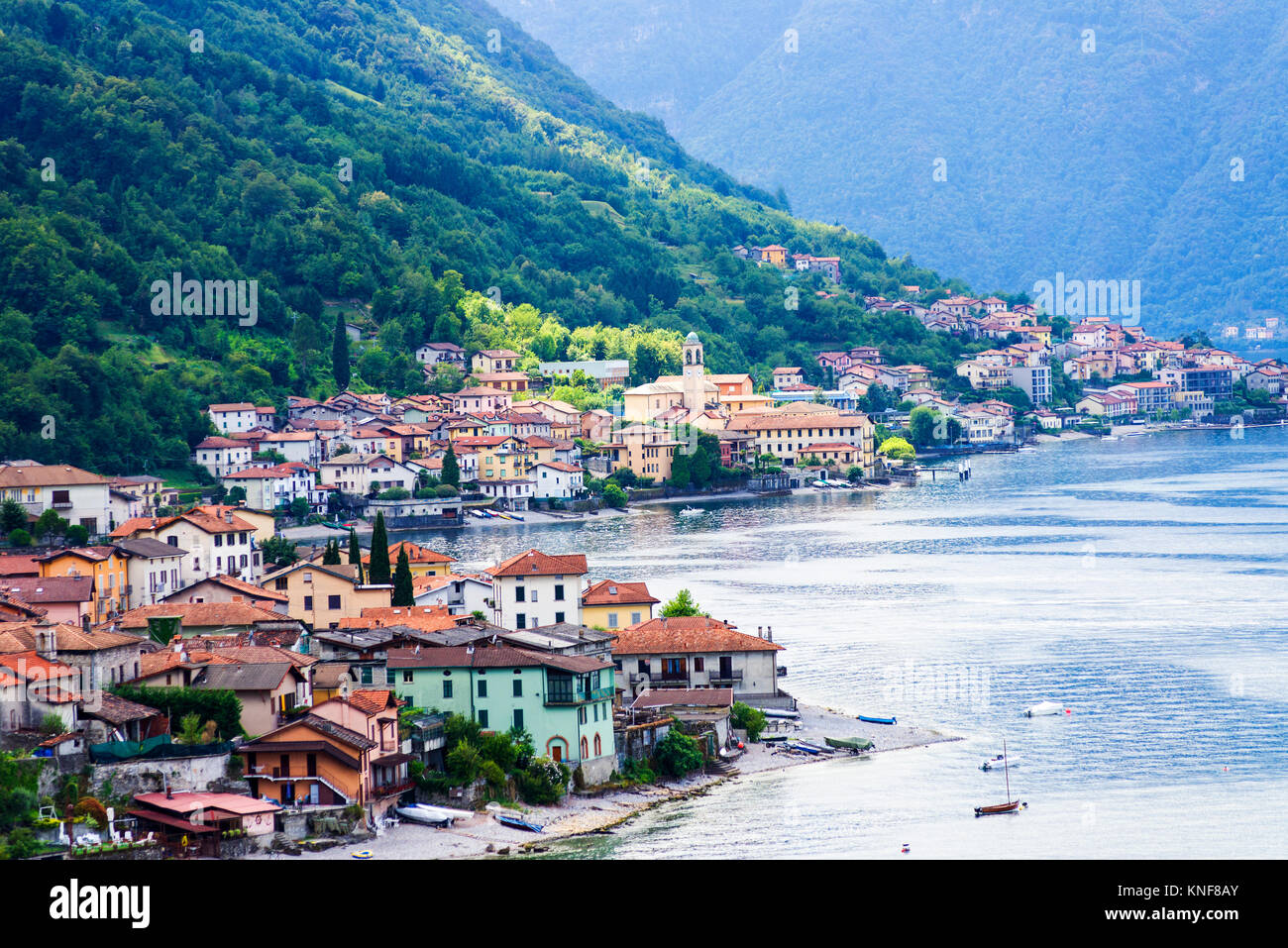 Traditional houses on waterfront of Lake Como, Lombardy, Italy Stock Photo